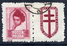 POLAND 1948 Anti-Tuberculosis Fund 15+10 Zl. With Label, Used.  Michel 514 Zf, Fischer 488 Pw8 - Oblitérés