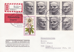 Eingedruckter R-Zettel+Eilzustellung: 53 Bonn 1, 1975, Ersttagsstempel Blockmarken 871/73 - R- Und V-Zettel