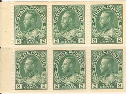 CANADA, 1922, Bookletpane 8, 6x2c Green, Scott 107b - Volledige Velletjes