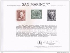 ESTADOS UNIDOS SAN MARINO WHASINGTON FRANKLIN  TARJETA EMITIDA POR EL CORREO USA EN 1977 LOS SELLAS VAN GRABADOS EN LA - George Washington