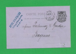 Carte Postale Entier Sage 10 Centimes Obl Paris - 1877-1920: Semi-moderne Periode