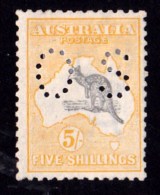 Australia 1918 Kangaroo 5/- Grey & Yellow 3rd Wmk Perf OS MH - Ewe-Faced Variety - Ongebruikt