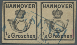 O Hannover - Marken Und Briefe: 1860, 1/2 Gr. Schwarz Als Gestempeltes, Waagerechtes Paar Mit Blauem R - Hanover