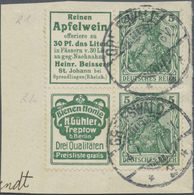 O Deutsches Reich - Zusammendrucke: 1911, Reklame "Reinen Apfelwein" + 5 Pfg. Germania Und Reklame "Bi - Zusammendrucke