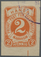 O Deutsches Reich - Privatpost (Stadtpost): MANNHEIM: HANSA, 2 Pfg. UNGEZÄHNT. Sehr Seltenes Stück Und - Posta Privata & Locale
