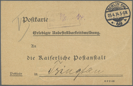 Br Deutsche Kolonien - Kiautschou - Besonderheiten: 23.04.14: Vordruck-Postkarte "Erledigte Unbestellba - Kiautchou