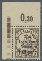 ** Deutsche Kolonien - Togo - Britische Besetzung: 1914, 3 Pf Braun (Eckrandstück) Mit Aufdruckfehler " - Togo