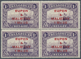 **/ Belgische Besetzung - Eupen Und Malmedy: 1920, 1 Mk. 25 Auf 1 Fr Im Postfrischen Viererblock In Der - OC38/54 Occupazione Belga In Germania