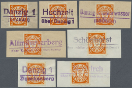 Brfst Danzig: 1938, 5 X 5 Pf Rotorange Staatswappen Im Oval Auf Kleinen Briefstücken, Alle Entwertet Mit V - Autres & Non Classés