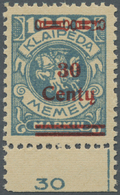 ** Memel: 1923, 30 C. Auf 1000 M. Grünlichblau, Unterrandstück Mit Aufdruckfehler "stark Gebrochener Zi - Memel (Klaïpeda) 1923