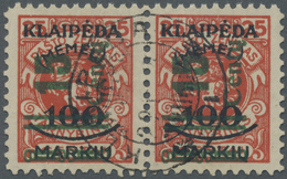 O Memel: 1923, 15 C. Auf 100 M. Auf 25 C. Dunkelzinnoberrot Im Waagerechten Paar Mit Aufdrucktype I Un - Memel (Klaipeda) 1923