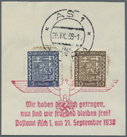 Brfst Sudetenland - Asch: 1938, Stempel "ASCH 19.10.38 Wir Sind Frei" Auf Doppelstück 6 Pfg. Hindenburg (o - Sudetenland