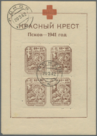 O Dt. Besetzung II WK - Russland - Pleskau (Pskow): 1942, "Rotes Kreuz”-Block Auf Holzhaltigem Gelblic - Bezetting 1938-45