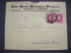 Cover Filip Reisz Bratislava Pressburg - Manufaktur U. Modewaren 1939 - Stamp Hlinka 2x 1 K. Overprint Slovesky Stat - Briefe U. Dokumente