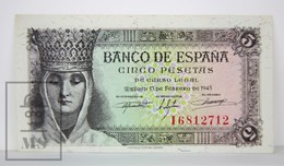 Spain/ España 5 Pesetas/ Ptas Spanish Banknote - Issued 1943, I Series - AU Quality - 1-2 Pesetas