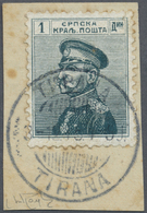 Brrst Albanien - Besonderheiten: 1915, Serbien König Peter I. 1 Pa. Schwarzgrün Auf Briefstück Mit Stempel 'TIRANA 3 - Albania