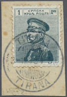 Brrst Albanien - Besonderheiten: 1915, Serbien König Peter I. 1 Pa. Schwarzgrün Auf Briefstück Mit Stempel 'TIRANA 3 - Albanie