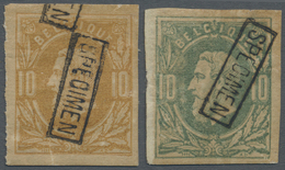 Belgien: 1869, Two Proofs Of The 10 Cent. King Leopold II Issue On Thick Paper In Orange-brown And Green Each - Other & Unclassified