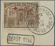 Brrst Belgien: 1919, Rotes Kreuz 5 Fr+5 Fr, Luxus-Unterrandstück Mit Druckstempel "DEPOT 1918" Auf Kleinem Briefstüc - Autres & Non Classés