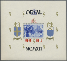 ** Belgien: 1941, Rebuilding Abtei Orval, Souvenir Sheet 5+10 Fr. With Inverted Overprint In Blue And Red. - Other & Unclassified