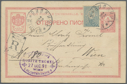 GA Bulgarien - Ganzsachen: 1891, Stationery Card 10st. Rose, Uprated By 25st. Blue, Registered Mail From "WIDDIN - Postcards