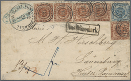 Br Dänemark: 1858, 4 S. Orange-brown, Horizontal Strip Of Three And Two Single Stamps And Issue 1854 2 S. Blue Ea - Covers & Documents