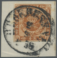 Brrst Dänemark: 1858, 4 S. Orange Brown On Piece With Town Cancel "HEDEHUSEN", Scarce - Storia Postale