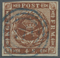 O Dänemark: 1858, 4 S. Brown Cancelled "171" GETTORN In Blue, Cert. Moeller BPP - Storia Postale