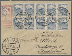 Br Estland: 1920, 2 M Blue In Block Of Ten, All With PRIVATE POSTMASTER PERFORATION On Registered Cover Sent From - Estonia