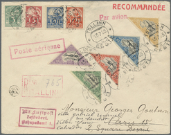 Estland: 1924, Triangular Airmail-stamps 5 M To 45 M + Supplement Stamps On First-Day-Envelope(!) Sent Registe - Estonie