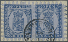 Brrst Finnland: 1866/1874 20p. Blue On Normal Bluish Paper, Roulette III, Horizontal Pair Used On Piece, Tied By Fin - Storia Postale