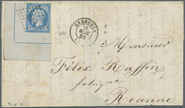 Br Frankreich: 1853, Napoleon 20 C "Empire Franc." Blue, Type I  With Complete Bottom Left Sheet Corner Tied By N - Used Stamps