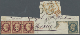 Brrst Frankreich: 1853, Napoleon 1 Fr. Carmin, Horizontal Strip Of 3, Tied By Dotted Handstamp On Piece With Part Of - Usati