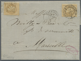 Br Frankreich: 1870, 10c. Bistre "laure", Two Copies On Lettersheet Left Stamp Clearly Oblit. By GC "2818" And C. - Used Stamps