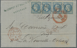Br Frankreich: 1870, 20 C Blue Napoleon, Horizontal Strip Of Four On Folded Letter Cover From Bordeaux Via Red Tr - Used Stamps