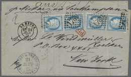 Br Frankreich: 1875, 20c. Blue "Ceres", Two Vertical Pairs, 1fr. Rate On Lettersheet From Le Havre To New York, C - Oblitérés