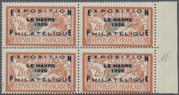 **/ Frankreich: 1929, Philat. Ausstellung LE HAVRE 2 Fr. Orangerot/hellblau Im Viererblock Vom Rechten Bogenrand, - Used Stamps