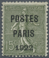 (*) Frankreich - Vorausentwertungen: 1922, Säerin Auf Schraffiertem Grund 15 C. Graugrün Mit Aufdruck 'POSTES / PA - Autres & Non Classés