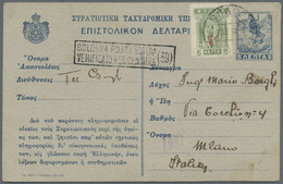 GA Griechenland: 1918. Entire Card 5 L Uprated To Italy. Paper Remnants On The Reverse. - Storia Postale