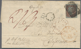 Br Großbritannien: 1851, Mail To California/USA, 1d. Red-brown On Blue, Deep Colour, Cut Into At Left And Wide Ma - Altri & Non Classificati