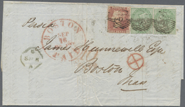 Br Großbritannien: 1857. Envelope (folds) Addressed To Boston Bearing Great Britain SG 29, 1d Brown And SG 72, 1s - Other & Unclassified