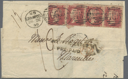 Br Großbritannien: 1859. Envelope Addressed To France Bearing SG 40, 1d Rose-red (strip Of Four) Tied By Liverpoo - Other & Unclassified