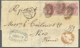 Br Großbritannien: 1876. Registered Envelope Addressed To France Bearing SG 144, 3d Rose (strip Of Three) Tied By - Other & Unclassified