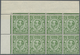 ** Großbritannien: 1912, KEVII ½d. Green, Wm. Mult. Cipher, Marginal Block Of Eight From The Upper Left Sheet-cor - Autres & Non Classés