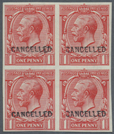 **/* Großbritannien: 1912, 1d. Scarlet, Imperforate Block Of Four With "CANCELLED" Ovp., One Stamp Hinged, Others U - Autres & Non Classés