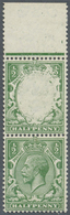 ** Großbritannien: 1913, ½d. Green, Top Marginal Vertical Pair, Top Stamp Showing Variety "Missing King's Head" ( - Other & Unclassified