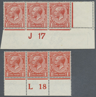 ** Großbritannien: 1917/1918, 1d. Vermilion, Two Bottom Marginal Horiz. Strips Of Three With Control "J 17" Resp. - Other & Unclassified