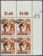 ** Saarland (1947/56): 1947, 6 Fr. Auf 24 Pfg., KOPFSTEHENDER AUFDRUCK, Eckrand-4er-Block Rechts Oben, - Neufs