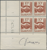 **/ Saarland (1947/56): 1948, 10 C. Freimarke Als Postfrischer Eckviererblock Mit Druckdatum, Im Rand Un - Ongebruikt