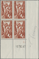 **/ Saarland (1947/56): 1948, 20 Fr. Freimarke Als Postfrischer Eckviererblock Mit Druckdatum, Im Rand U - Unused Stamps